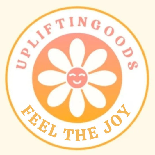 Logo with a smiling flower and text 'Upliftingoods Feel the Joy' on a light background